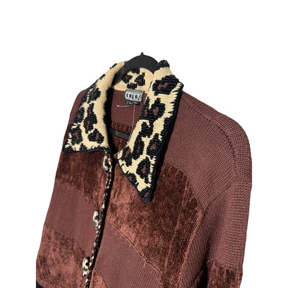 Berek Sweater Womens L Brown Animal Print Leopard Beaded Cardigan Button Vintage - Picture 3 of 16